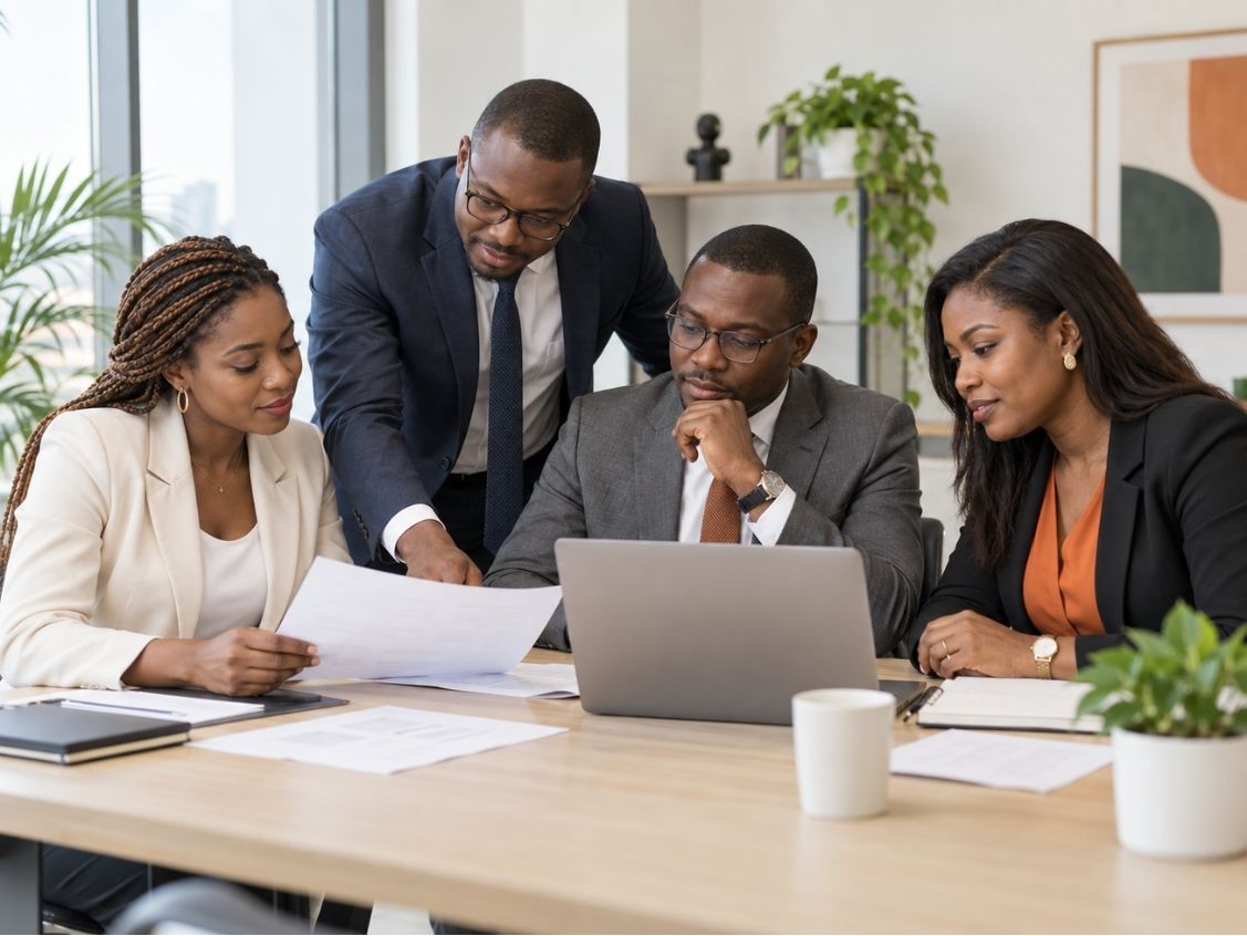 Équipe de conseil réunie autour de documents financiers