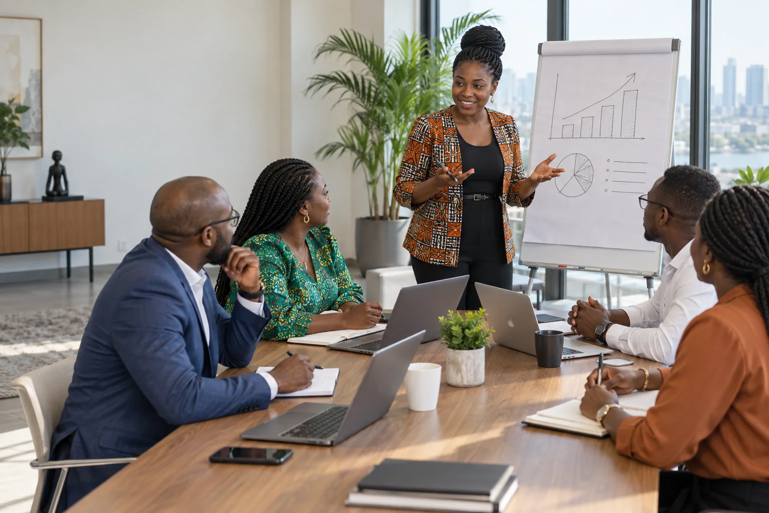 Formatrice animant un atelier pratique avec des professionnels autour d'une table